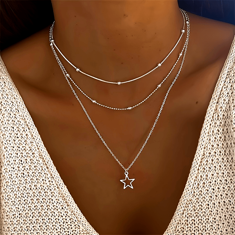 Women's Triple Layer Beaded Necklace with Star Pendant